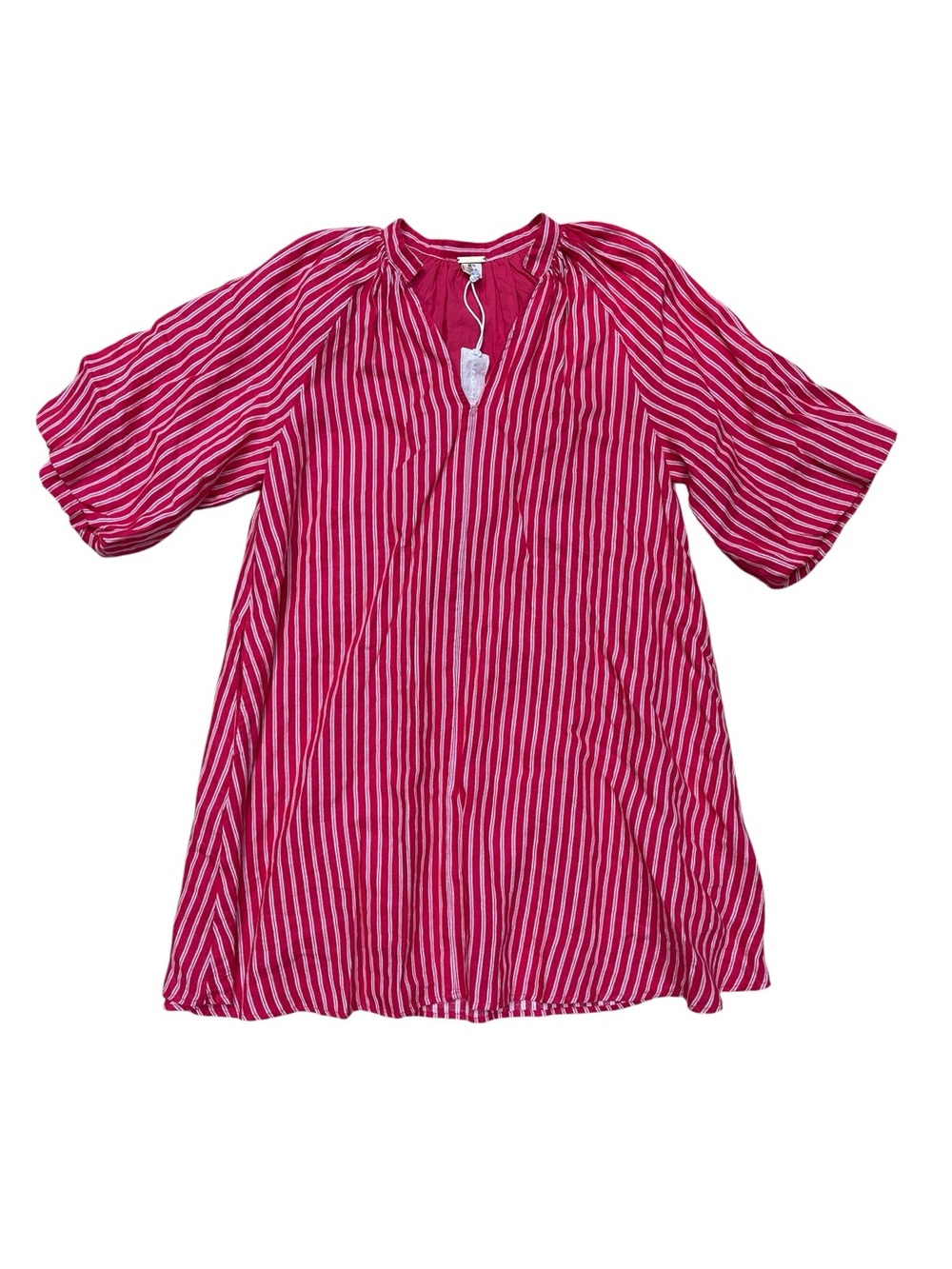 NWT Magaschoni Red White Striped Linen Puff Sleeve Shift Dress Medium
